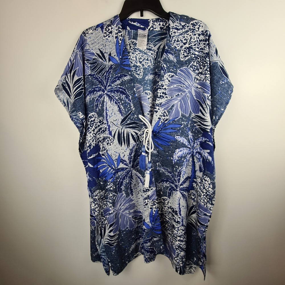 Chicos Blue‎ Tropical Palm Animal Print Kaftan Swim Cover Up Tassel Tie S/M